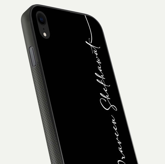 Black Tune Custom Name Glass Case for iPhone Xr close-up shot highlighting sleek monochrome design and reflection