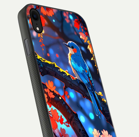 Blooming Spendor Bird Glass Case for iPhone Xr close-up shot highlighting bird design details and glossy shine