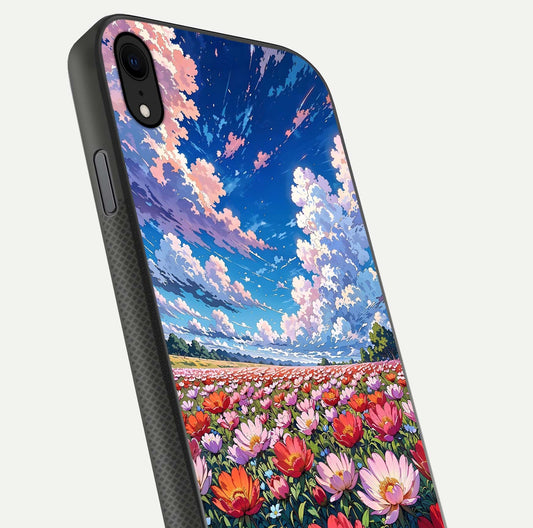 Blossom Sky Field Glass Case for iPhone Xr close-up image showing petal patterns and subtle sky gradient