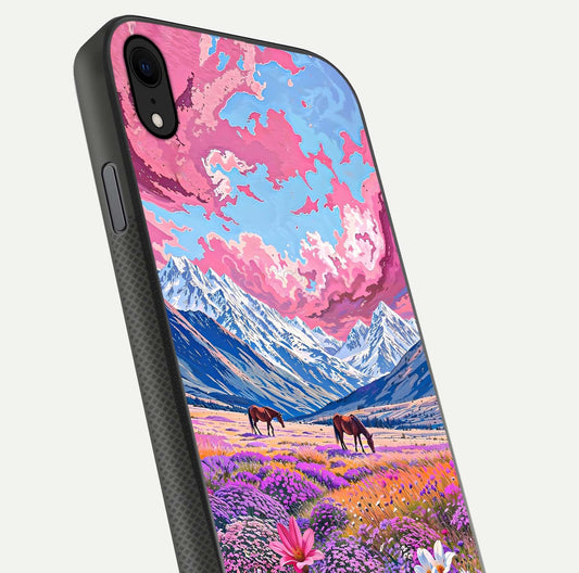 Blossom Valley Dream Glass Case for iPhone Xr close-up view showing detailed flower print and pastel hues
