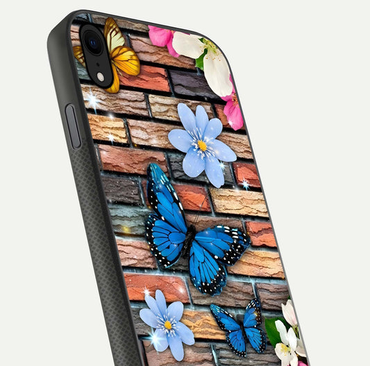 Brick Bloom Flight Glass Case for iPhone Xr close-up angle highlighting flower clusters and reflection detail