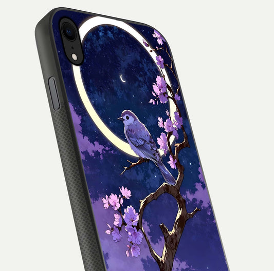 Celestial Bird Blossom Glass Case for iPhone Xr close-up capturing bird detail, petal reflection, and gloss shine