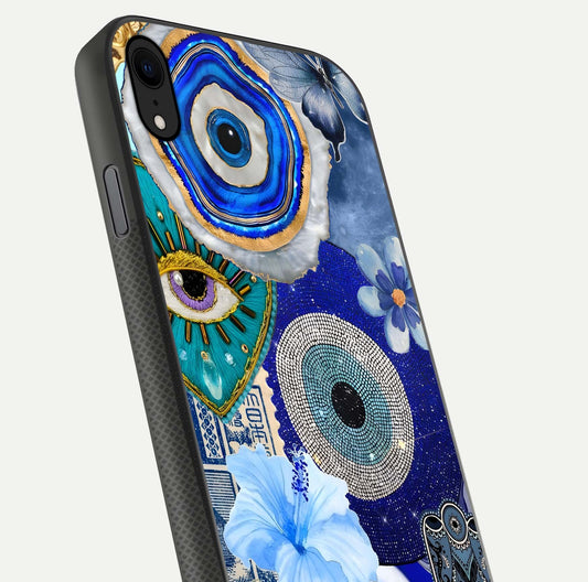 Celestial Blue Vision Glass Case for iPhone Xr close-up shot highlighting reflection details and smooth edge polish