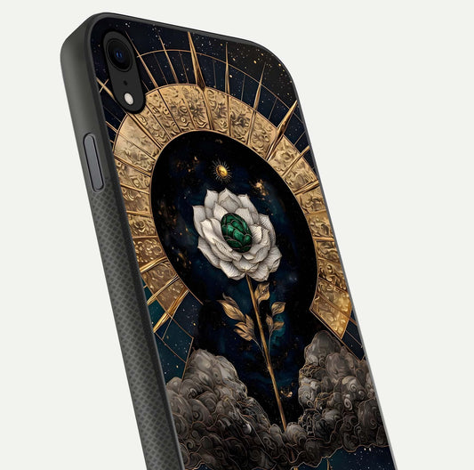 Celestial Lotus Morang Glass Case for iPhone Xr close-up highlighting pink lotus petals and reflection