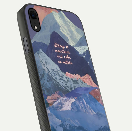 Celestial Mountain Calm Glass Case for iPhone Xr close-up showing peak reflection and HD gloss texture