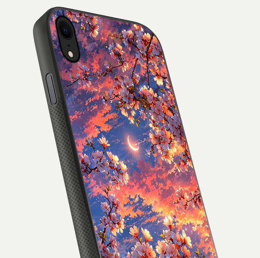 Celestial Sakura Sunset Glass Case for iPhone Xr close-up image highlighting blossom petals and gloss shine