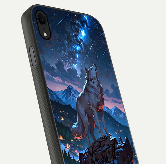 Celestial Wolf Howl Glass Case for iPhone Xr close-up showing wolf silhouette and glowing moon reflection