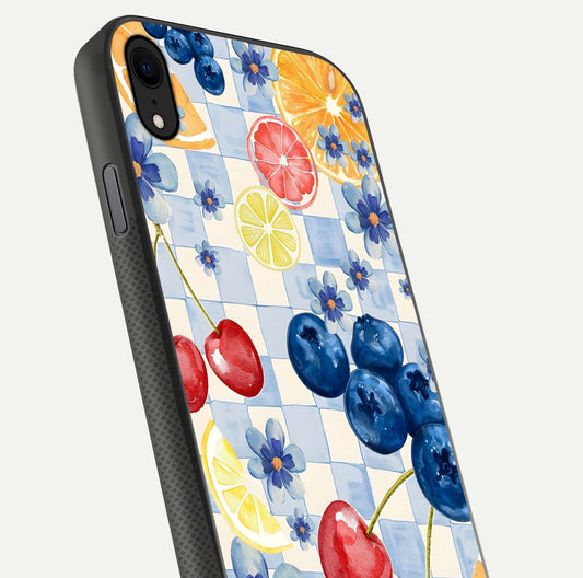 Citrus Bloom Joy Glass Case for iPhone Xr close-up highlighting orange blossoms and reflection detail