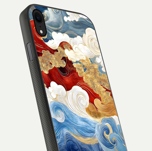 Colored Waves Glass Case for iPhone Xr close-up angled shot highlighting gradient flow and light reflection