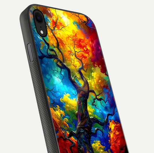 Colorful Tree Glass Case for iPhone Xr close-up highlighting leaf detail, gradient colors, and shine