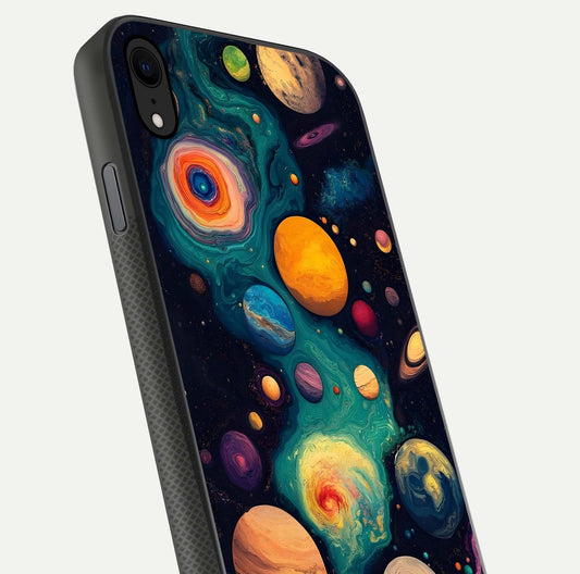 Cosmic Planet Journey Glass Case for iPhone Xr close-up highlighting planets, stars, and shine reflection