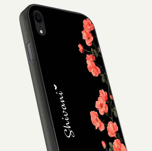 Crimson Bloom Grace Custom Name Glass Case for iPhone Xr close-up highlighting flower pattern and reflection texture