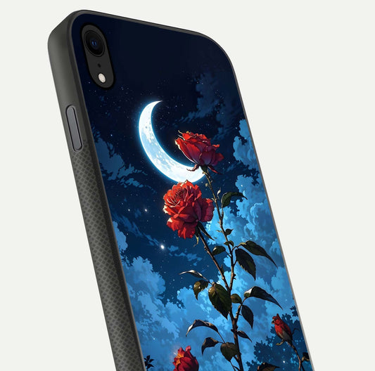 Crimson Rose Moon Glass Case for iPhone Xr close-up showing rose detail and reflection highlight