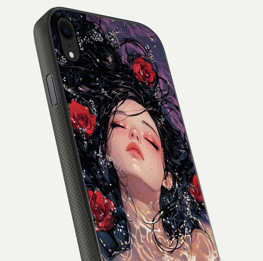 Crimson Rose Serenity Glass Case for iPhone Xr close-up highlighting rose gradient and reflection detail