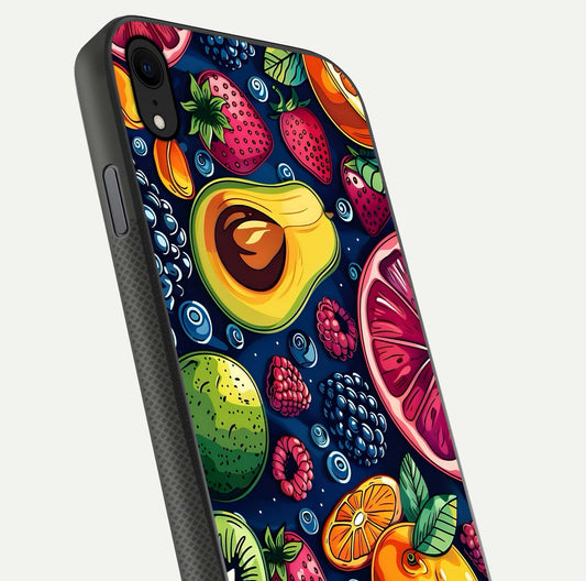 Cute Fruits Art Glass Case for iPhone Xr close-up highlighting fruit shapes, color tones, and reflection polish
