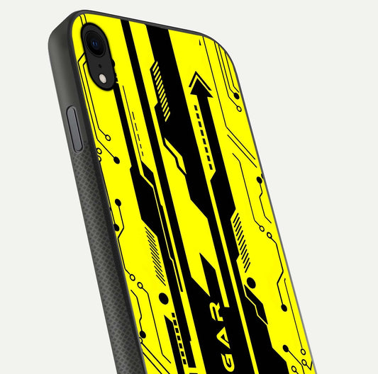 Electric Pulse CYBERPUNK Custom Name Glass Case for iPhone Xr close-up highlighting tech pattern, lighting effect, and reflection shine