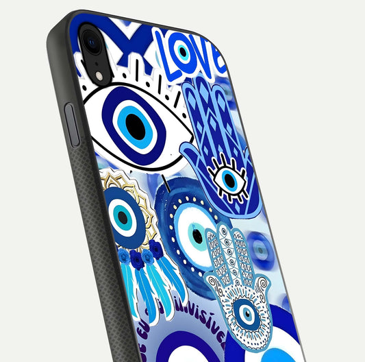 Evil Eyes Dream Glass Case for iPhone Xr close-up highlighting evil-eye charm detail and light reflection on glass