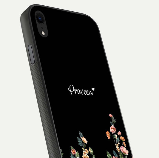 Floral Design Personalized Custom Name Glass Case for iPhone Xr close-up highlighting name clarity, petals, and gloss