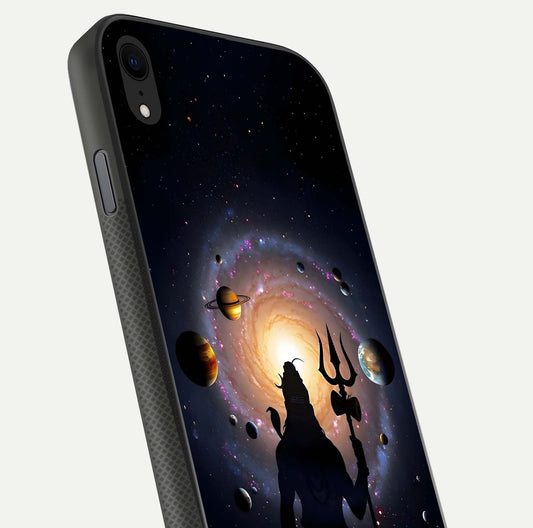 Galactic Shiva Vision Glass Case for iPhone Xr close-up angled shot highlighting divine aura, trident details, and reflection shine