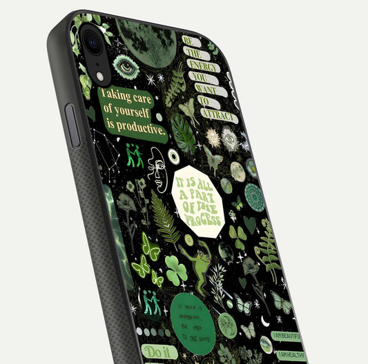 Green Moon Energy Glass Case for iPhone Xr close-up angled shot showing glowing lunar detail and reflection shine
