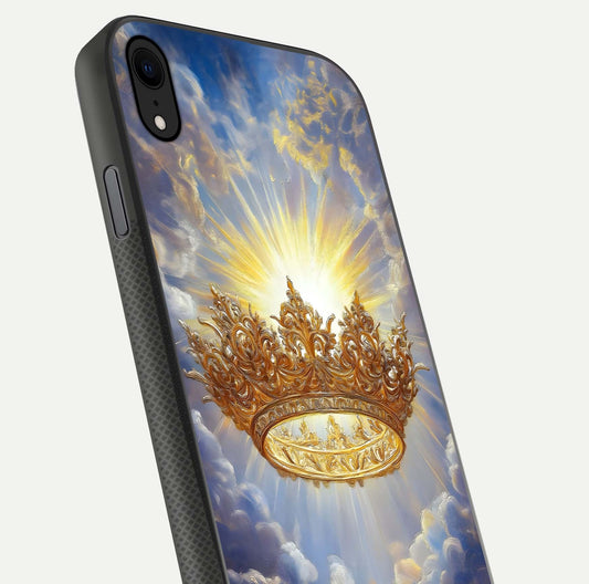 Heavenly Crown Light Glass Case for iPhone Xr close-up angled shot showing glowing halo details and smooth reflection