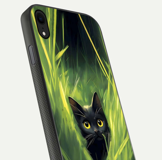 Hidden Cat Whisper Glass Case for iPhone Xr close-up angled shot showing feline details and reflection polish