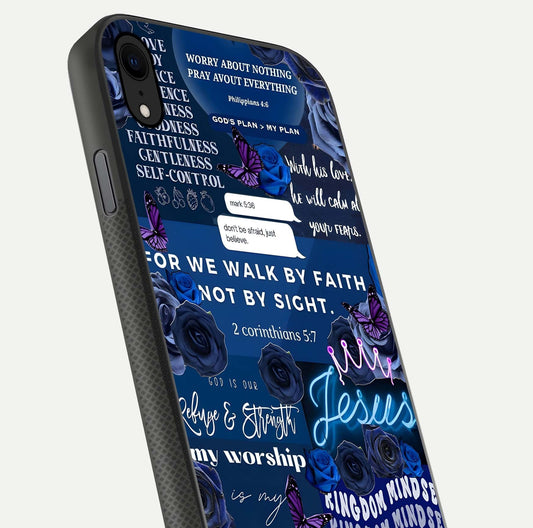 Kingdom Faith Glow Glass Case for iPhone Xr close-up angled shot showing luminous text and divine reflection