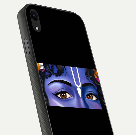 Krishna Eye Glass Case for iPhone Xr close-up angled shot showing intricate artwork and reflection shine