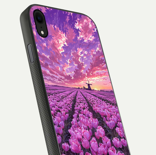 Lavender Dream Skies Glass Case for iPhone Xr close-up angled shot showing purple hues and soft reflection