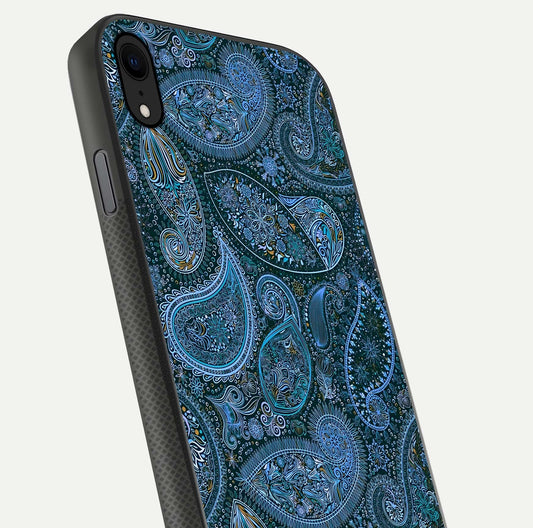 Midnight Paisley Glow Glass Case for iPhone Xr close-up angled shot showing floral details and gloss texture