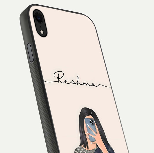 Mirror Mood Muse Custom Name Glass Case for iPhone Xr close-up angled shot highlighting gloss and mirror depth