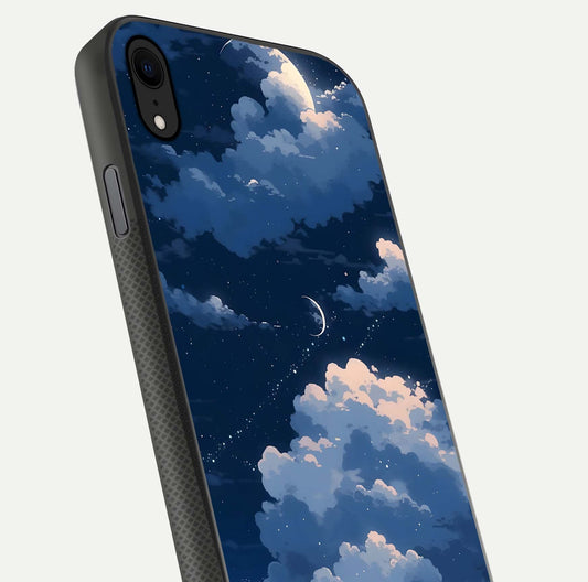 Moon Dream Haze Glass Case for iPhone Xr close-up angled shot showing moon reflection and subtle glow