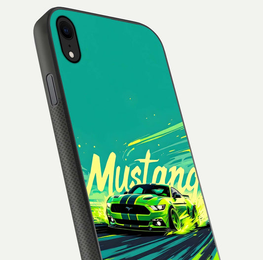Mustang Bang Glass Case for iPhone Xr close-up angled shot showing car emblem and HD reflection