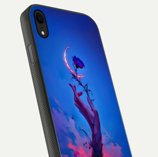 Mystic Hand Glass Case for iPhone Xr close-up angled shot showing spiritual markings and reflection