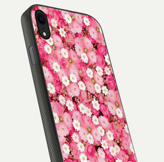 Pink Daisy Bliss Glass Case for iPhone Xr close-up angled shot highlighting daisy detail and reflection glow