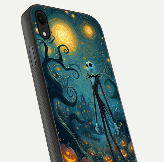 Pumpkin Moonlight Tale Glass Case for iPhone Xr close-up angled shot highlighting reflection and vibrant glow