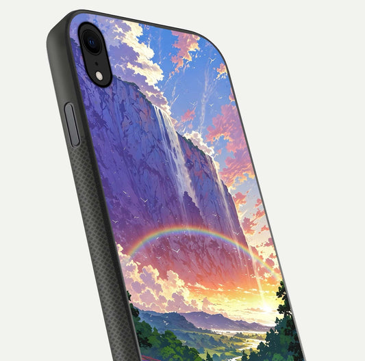 Rainbow Valley Dream Glass Case for iPhone 16 Pro close-up angled shot highlighting gradient tones and HD shine