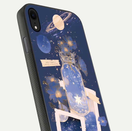 Starlit Cosmic Jar Glass Case for iPhone Xr close-up angled shot highlighting stars, reflections, and HD shine