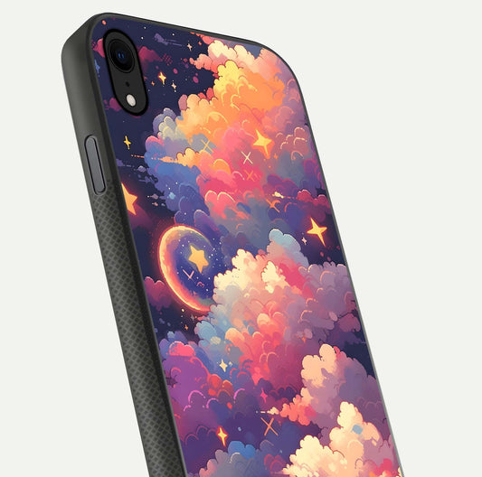 Starlit Dream Clouds Glass Case for iPhone Xr close-up angled shot highlighting cloud texture and reflection