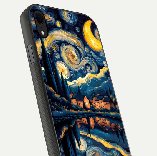 Starry Sky Serenity Glass Case for iPhone Xr close-up angled shot highlighting light reflection and blue hues