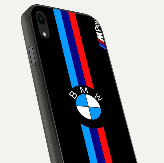 Turbo BMW Beast Glass Case for iPhone Xr close-up angled shot highlighting car detailing and reflection