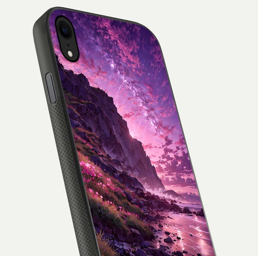 Twilight Blossom Coast Glass Case for iPhone Xr close-up angled shot highlighting gradient sky and reflection