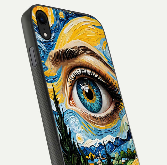 Van Gogh Eye Glass Case for iPhone 16 Pro close-up angled shot highlighting color blend and gloss reflection