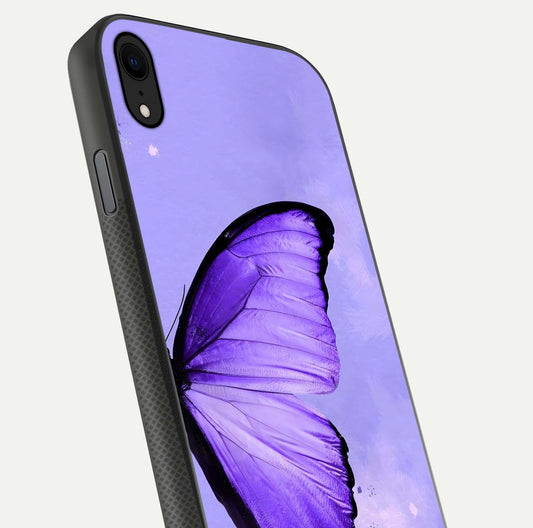 Violet Dream Wing Glass Case for iPhone Xr close-up angled shot highlighting wing texture and reflection