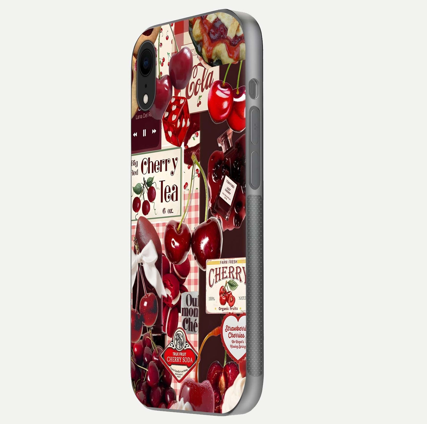 Aesthetic Cherry Tea Glass Case for iPhone 16 Pro side-angle image showing cherry collage print, camera module, and glossy finish reflection