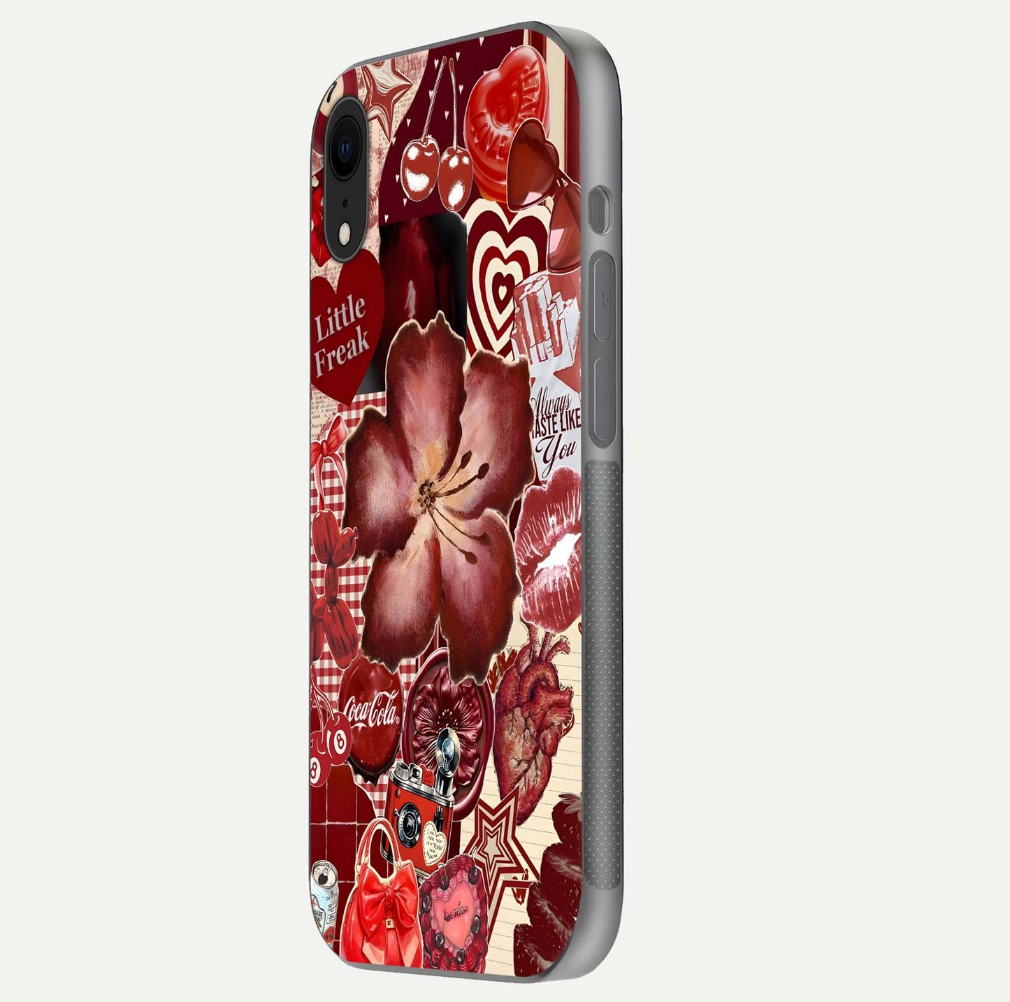 Aesthetic Little Freak Glass Case for iPhone 16 Pro side-angle image showing colorful design, camera module, and glossy finish reflection