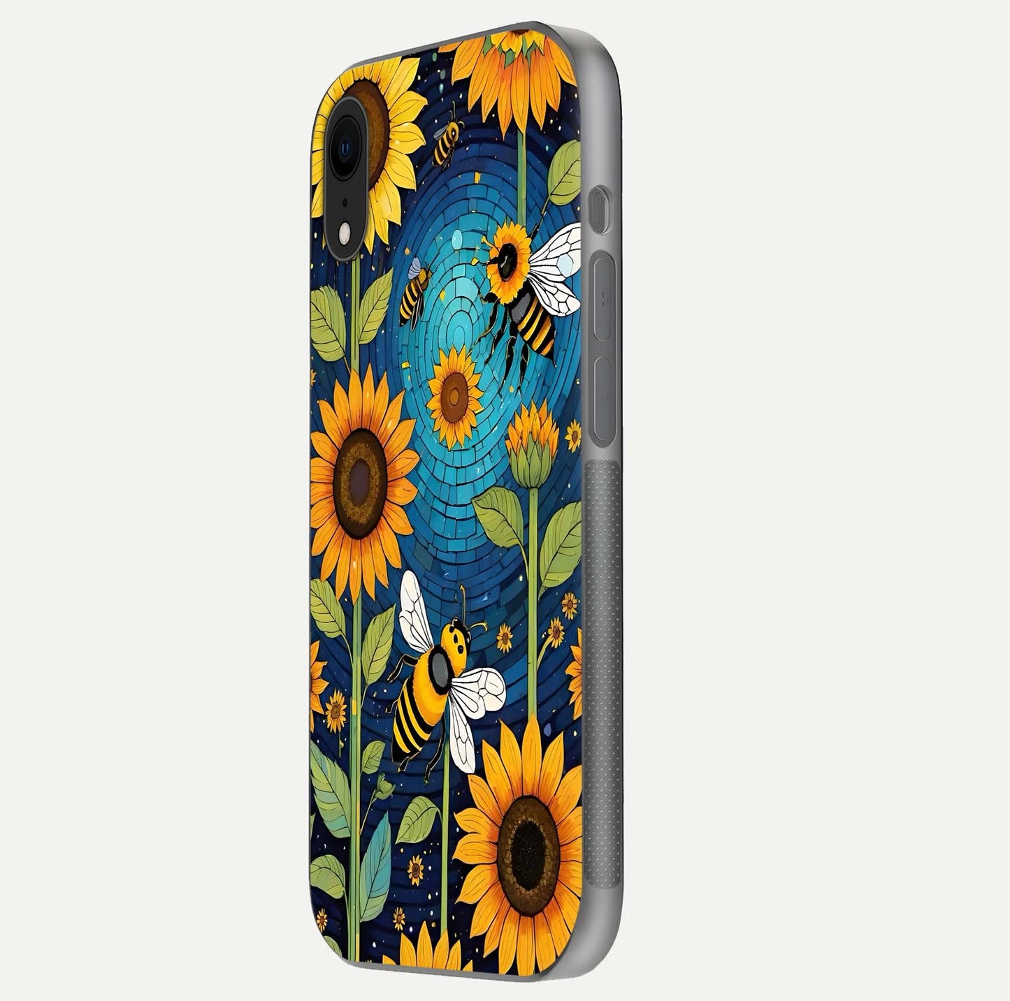 Bees & Sunflowers Glass Case for iPhone Xr side-angle image showing bee pattern alignment and shiny protective surface