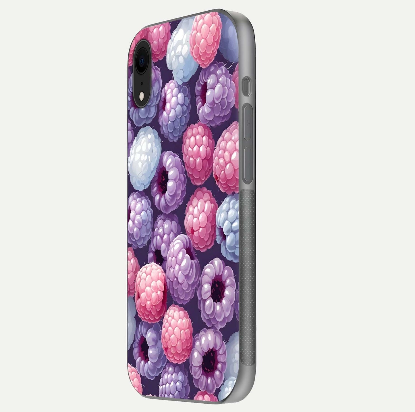 Berry Candy Pop Glass Case for iPhone Xr side-angle image with bright color tones and smooth reflection