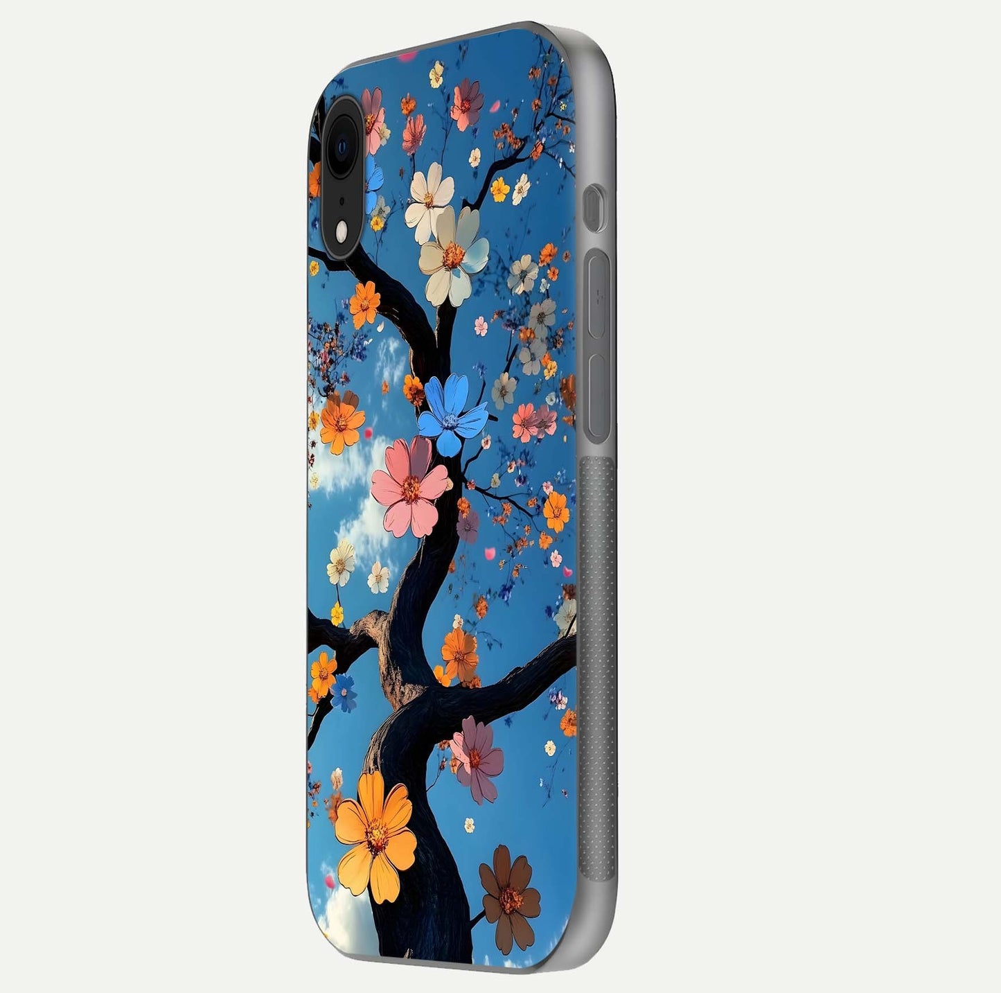 Blossom Dream Sky Glass Case for iPhone Xr side-angle photo showing flower details, edge curve, and reflection shine