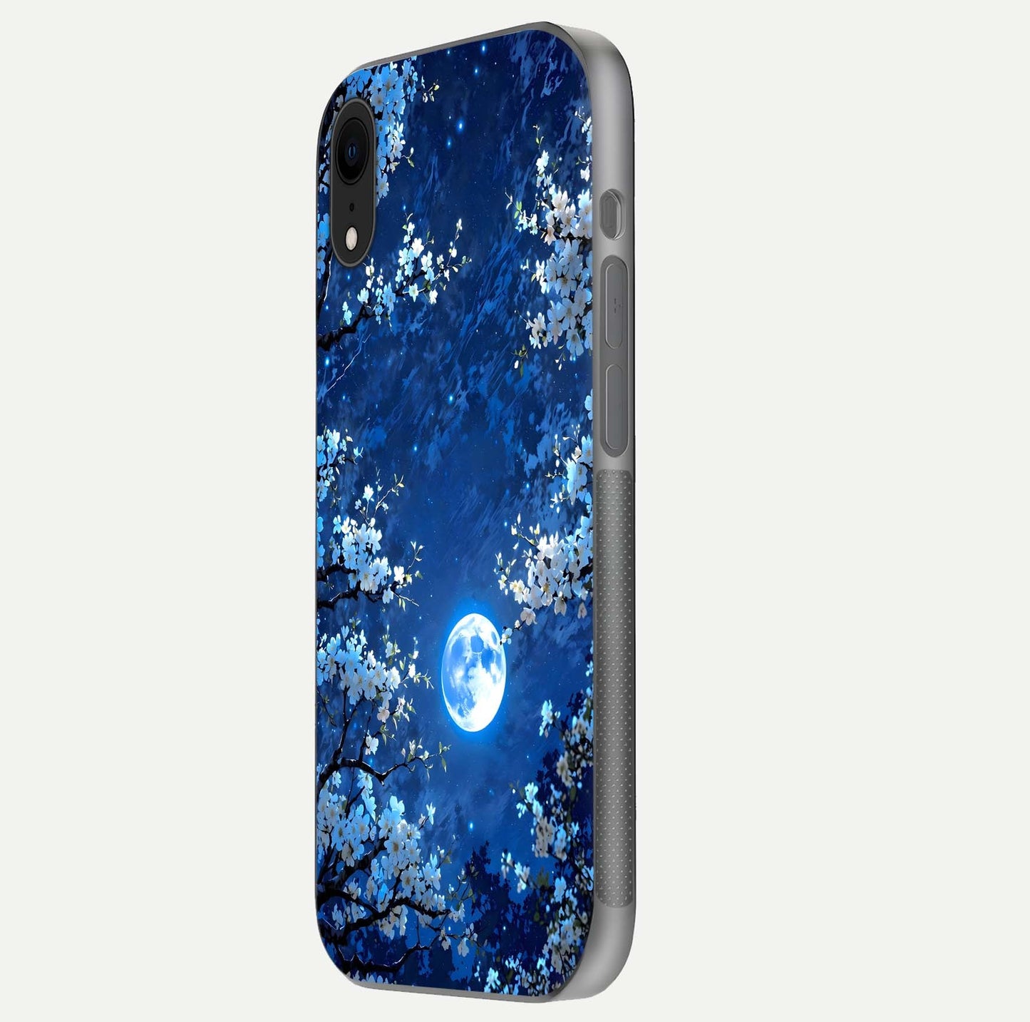 Blossom Moonlight Sky Glass Case for iPhone Xr side-angle view emphasizing moonlight tones and protective edge